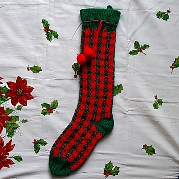 Knit Christmas Stocking Red Green Herringbone Pattern - Picture 1 of 6